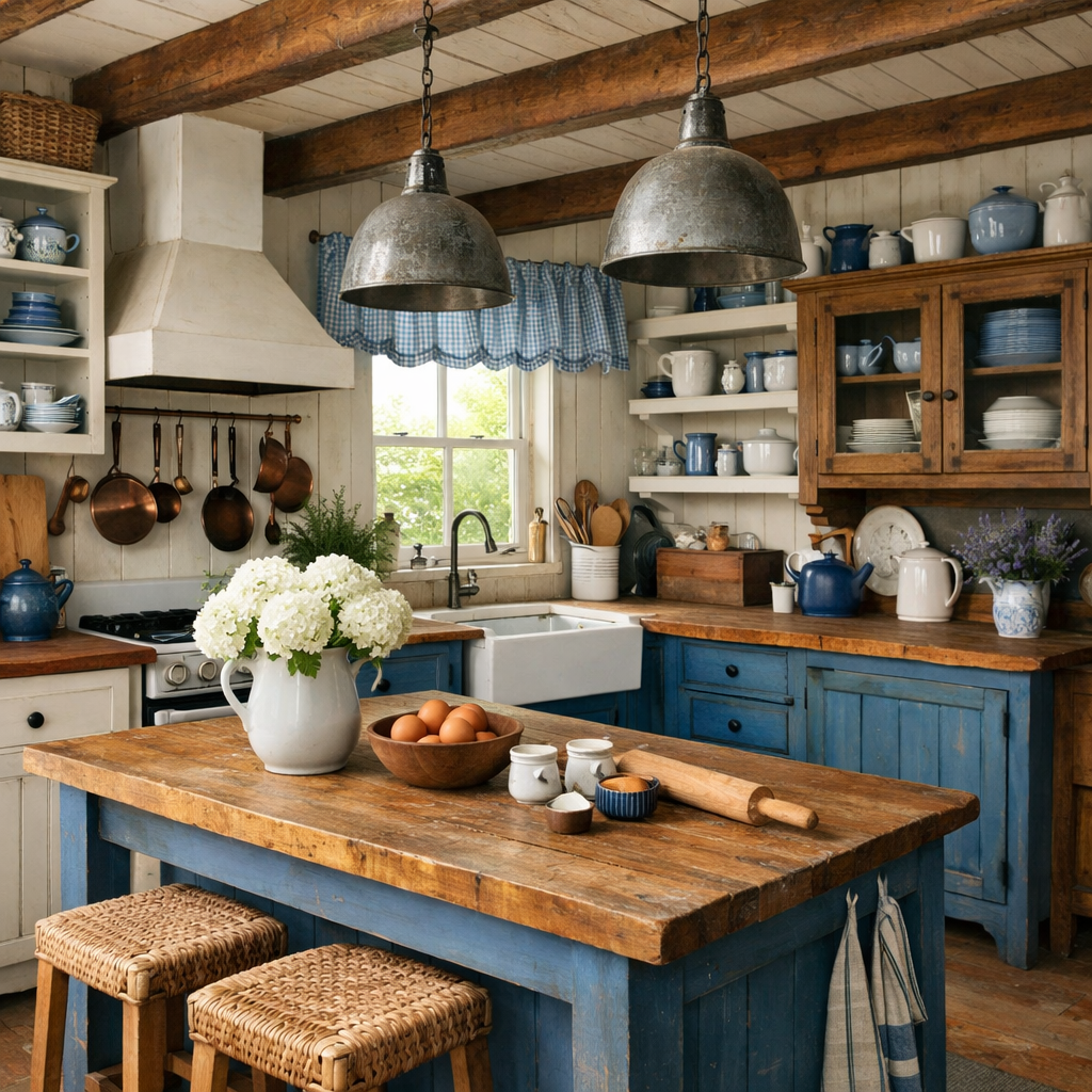 A rustic kitchen with a blue and white color palette, featuring wooden beams, blue cabinets, and a farmhouse sink.
