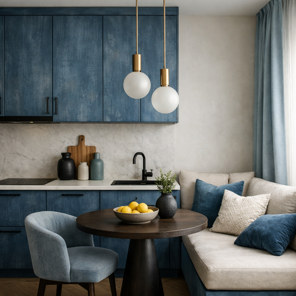 A cozy blue cottage kitchen featuring blue cabinetry, textured cushions, and elegant pendant lighting.