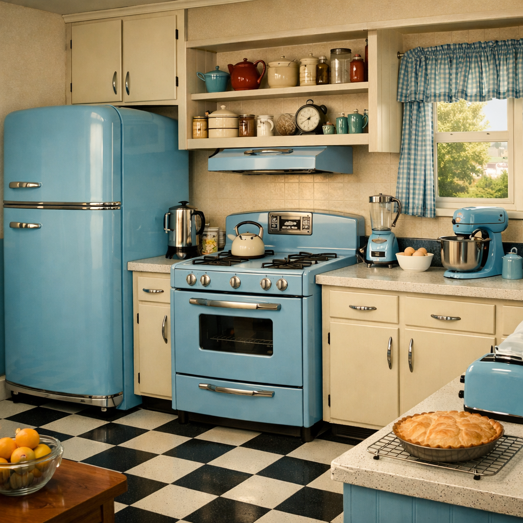 A charming vintage blue cottage kitchen featuring blue appliances, black and white checkered floor, and cozy decor.