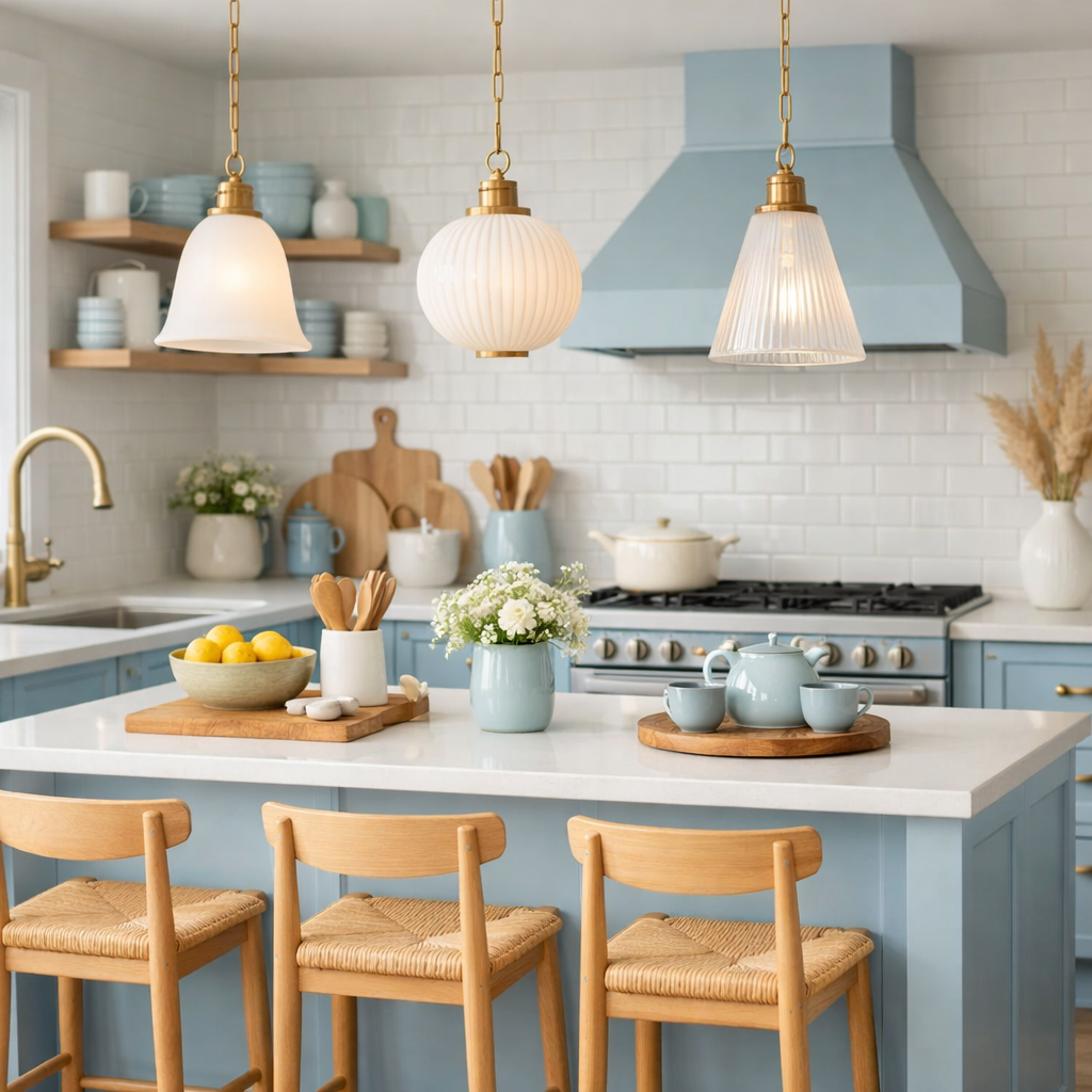 A pastel blue kitchen featuring pendant lights in various styles above a modern kitchen island.