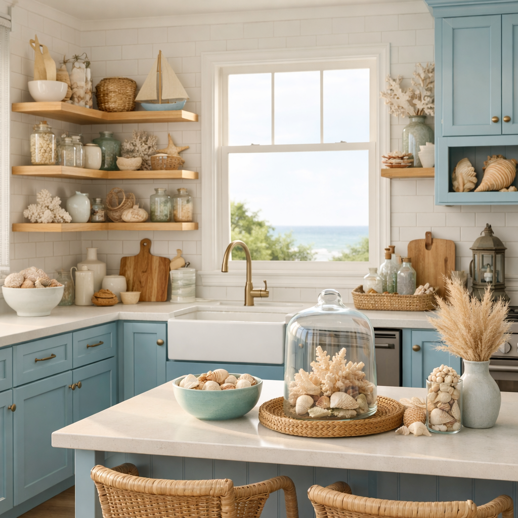 A pastel blue kitchen with natural decor and ocean view.