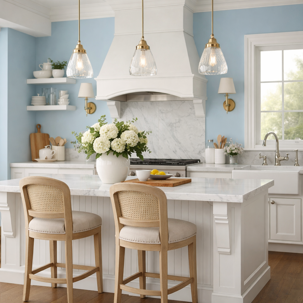 A pastel blue kitchen featuring white cabinetry and elegant lighting