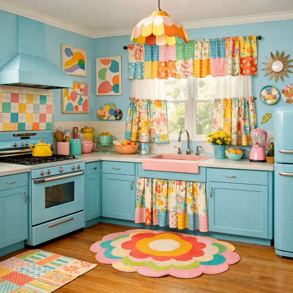 A pastel blue kitchen with mixed patterns, featuring colorful curtains, a playful rug, and vibrant decorations.
