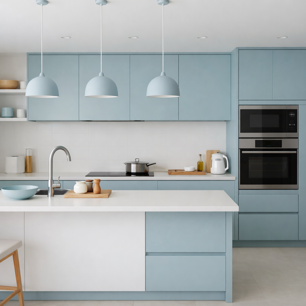 A modern kitchen featuring soft blue cabinetry, white countertops, and streamlined design