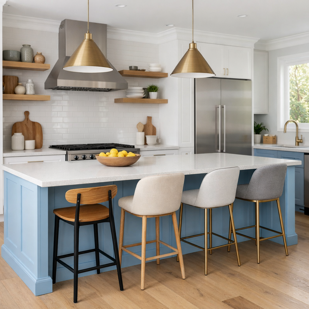 A pastel blue kitchen island with stylish stools and pendant lighting.