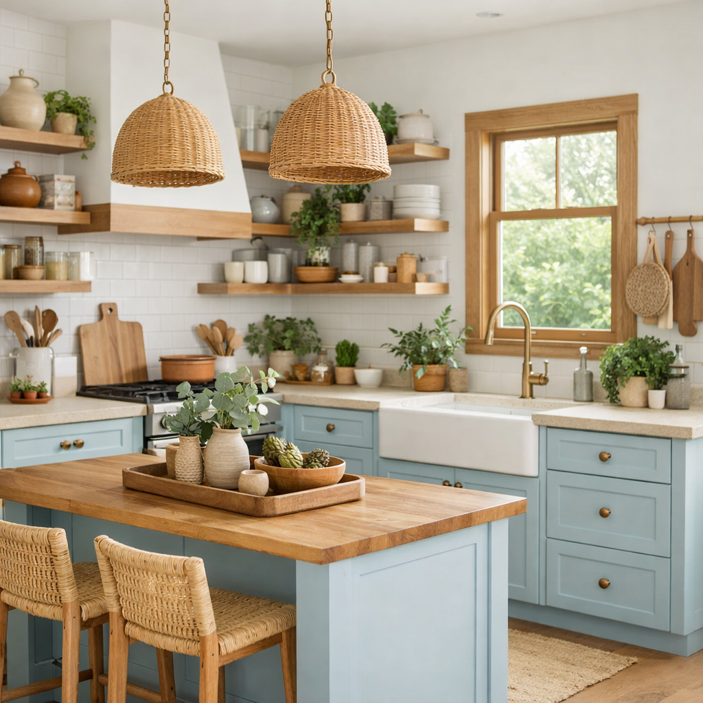 A bright and cozy pastel blue kitchen with natural wood elements, featuring a wooden island, wicker chairs, and plants on shelves.