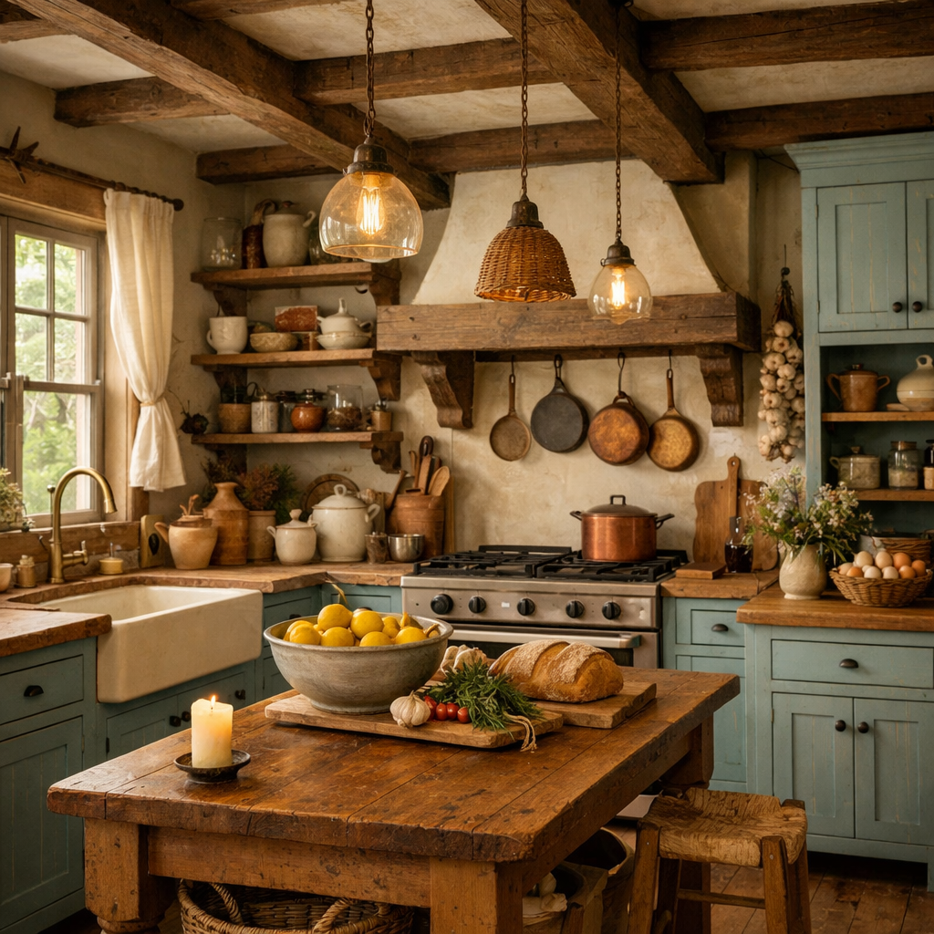 A rustic pastel blue kitchen with wooden beams, open shelving, and a wooden table with lemons.