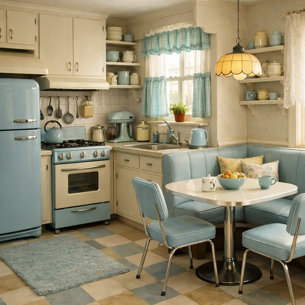Interior of a pastel blue vintage kitchen with seating area and retro appliances.