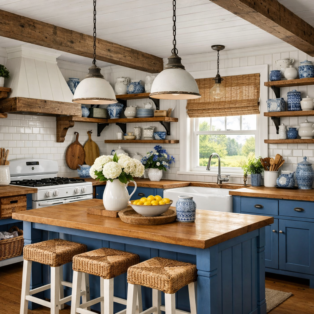 A beautiful blue and white farmhouse style kitchen featuring wooden features, shelves with dishes, and pendant lighting.