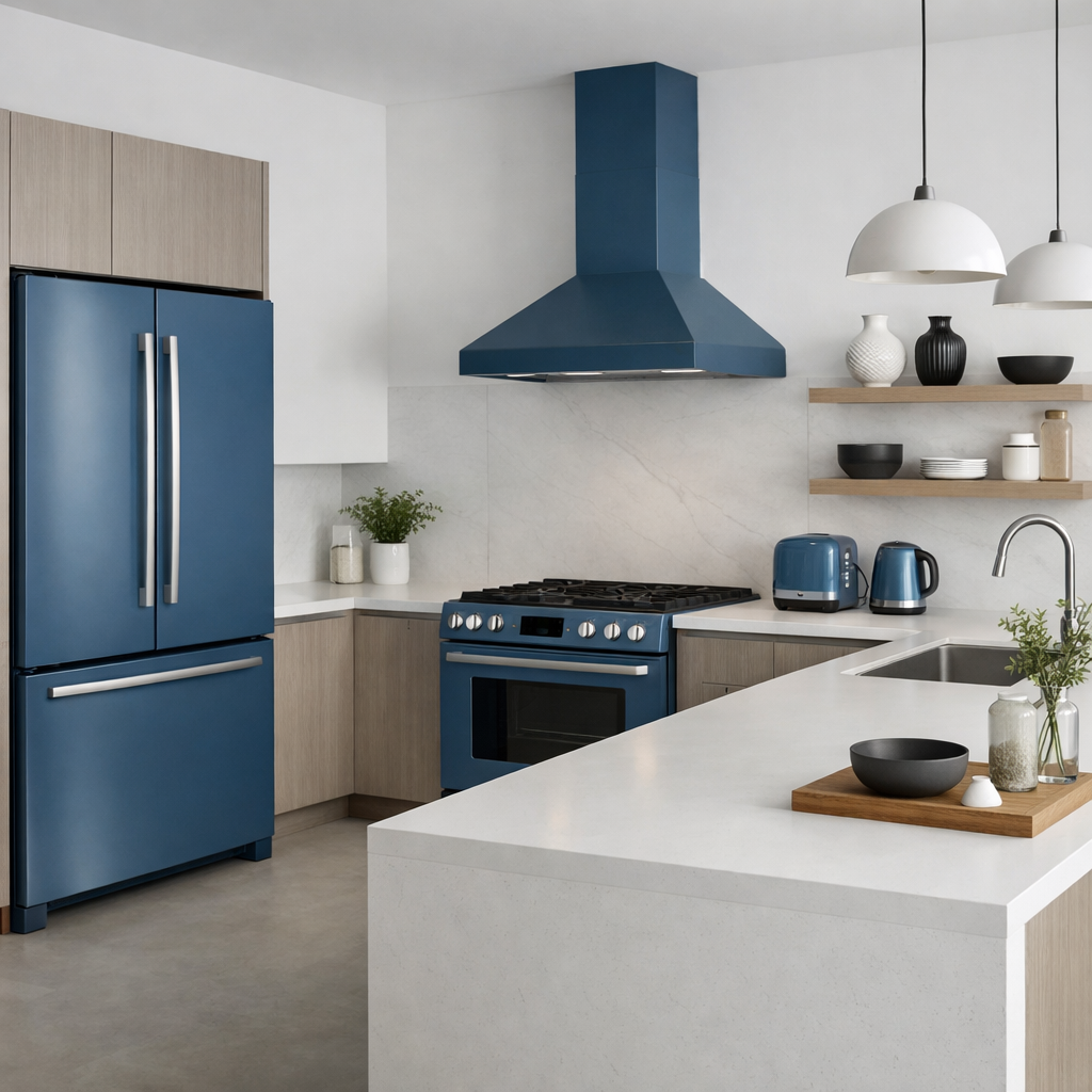 Modern kitchen featuring blue appliances, including a fridge, stove, and kettle, with natural wood cabinetry.