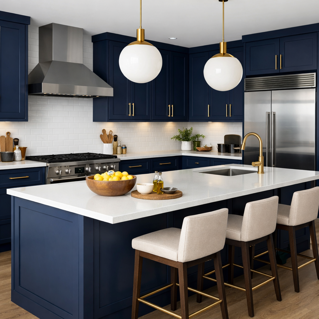 A modern kitchen with bold navy cabinets, white countertops, gold fixtures, and stylish accents.