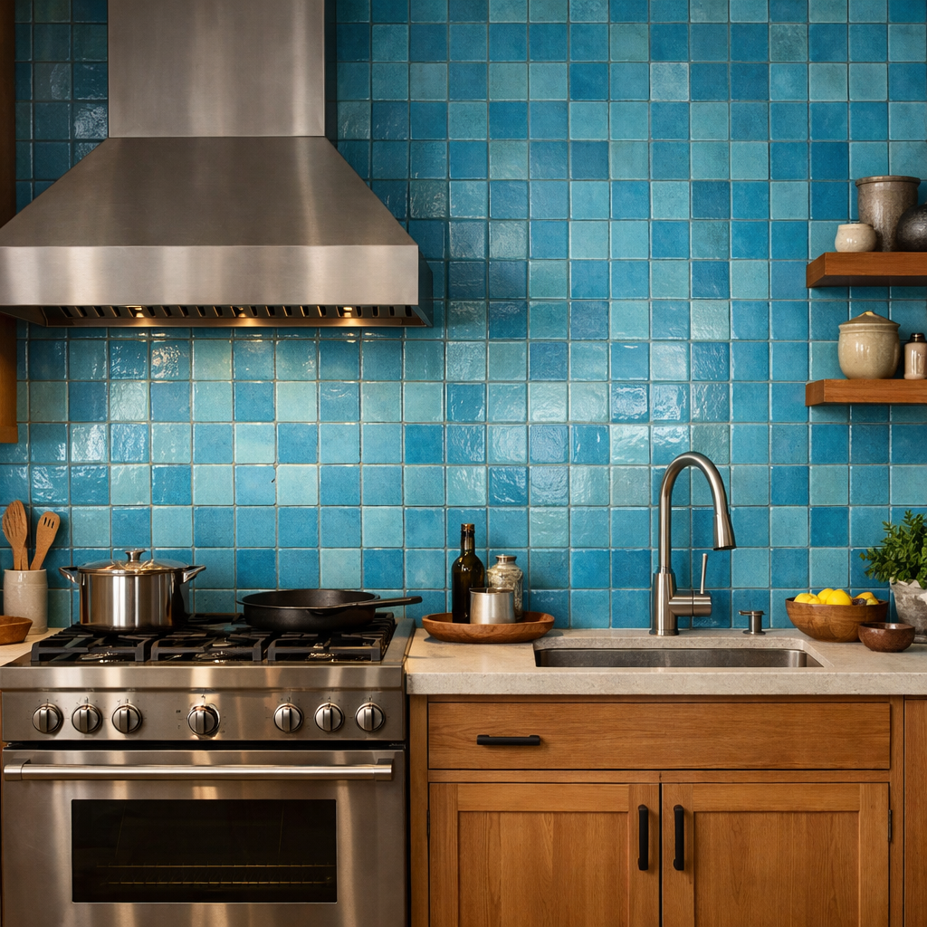 Kitchen with cerulean tile backsplash and wooden cabinetry.