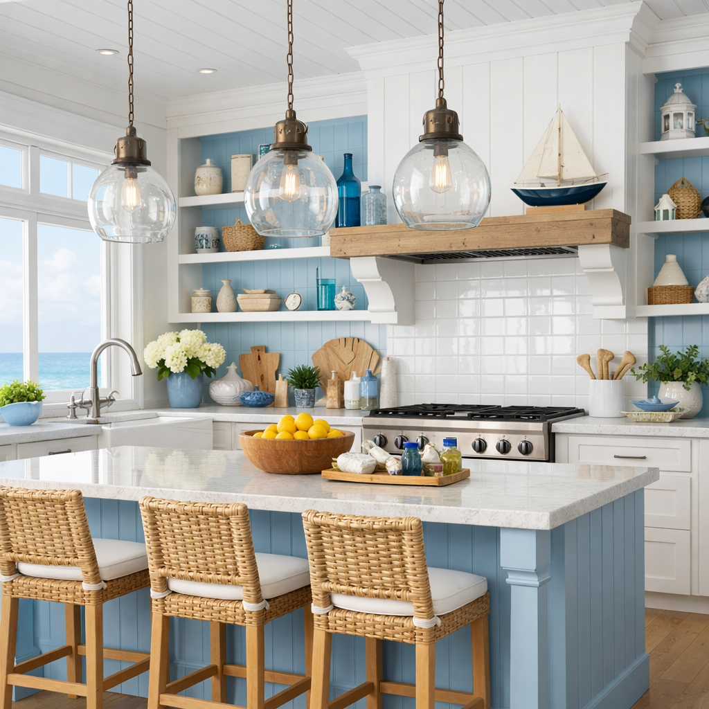 A bright and airy coastal blue kitchen with an island, pendant lights, and open shelving.