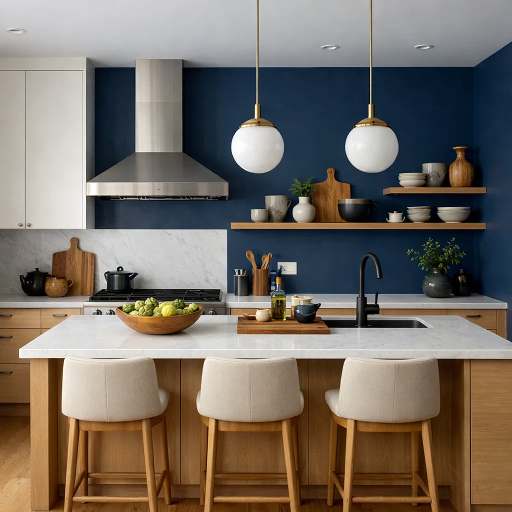 A modern kitchen featuring a deep blue accent wall with wooden shelves and stylish decor