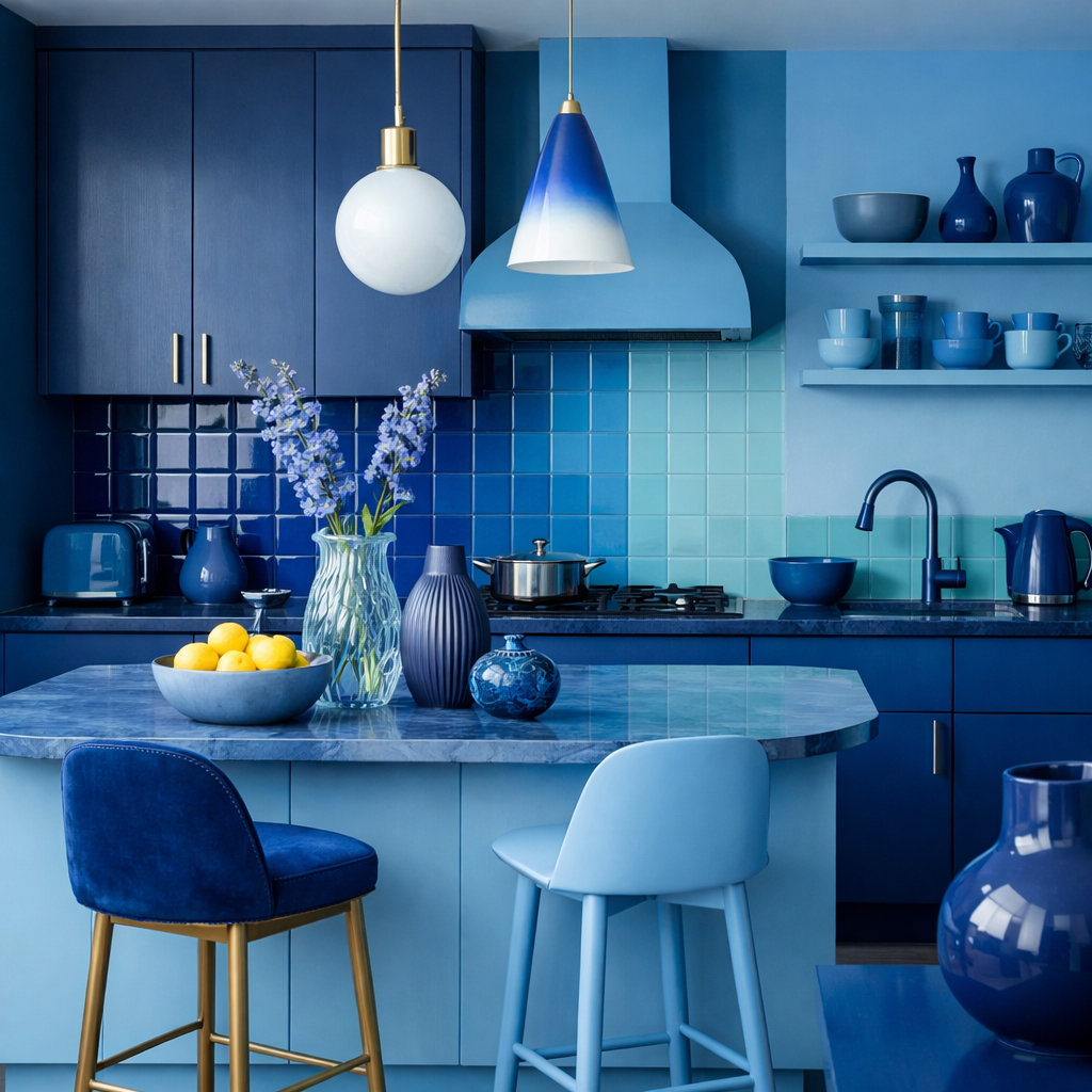 A modern blue kitchen showcasing various shades of blue in cabinets, tiles, and decor.