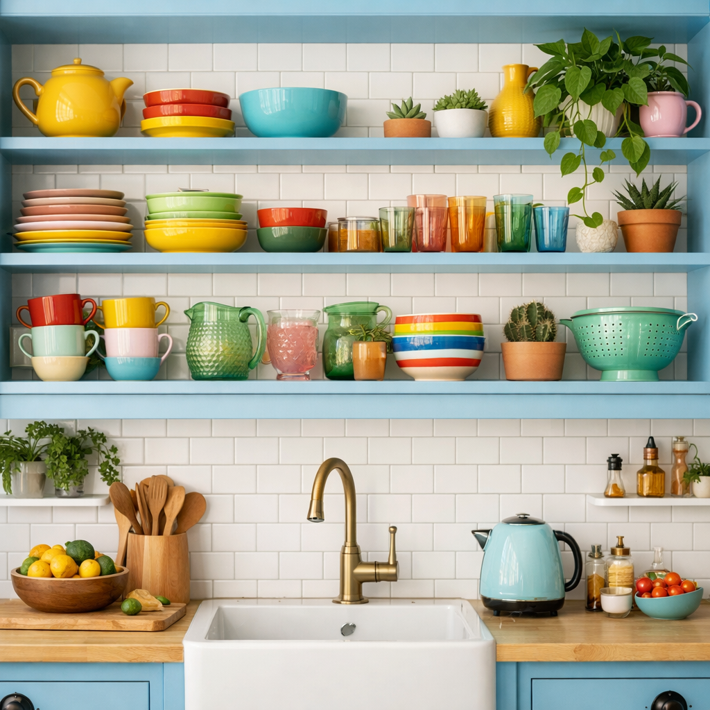 Colorful open shelving in a sky blue kitchen featuring various dishware and plants