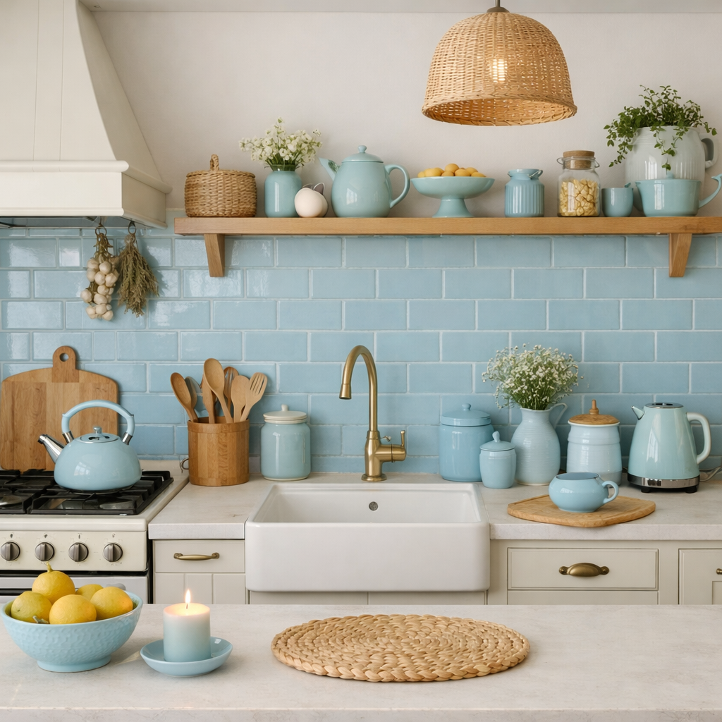 A kitchen featuring soft pastel blue accents with light blue tiles, kettle, and decorative items.