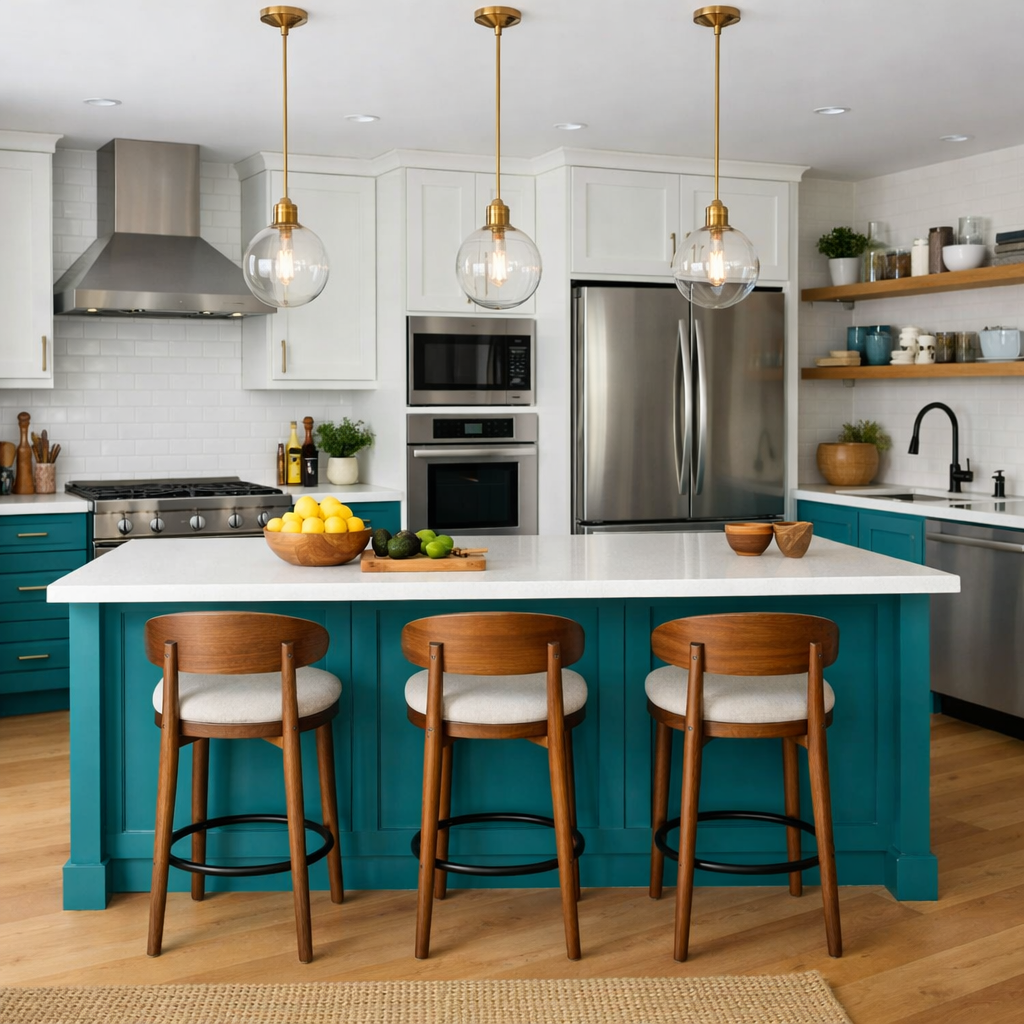A modern kitchen featuring a turquoise island with seating, white cabinetry, and warm wood elements.