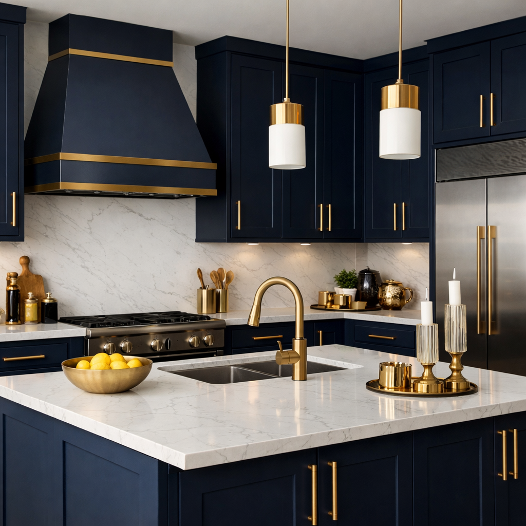 A stylish kitchen featuring navy cabinets, gold hardware, and a white marble countertop.