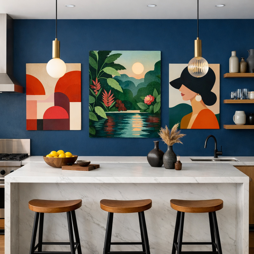 A modern kitchen with a deep blue accent wall adorned with colorful artwork and marble countertops.