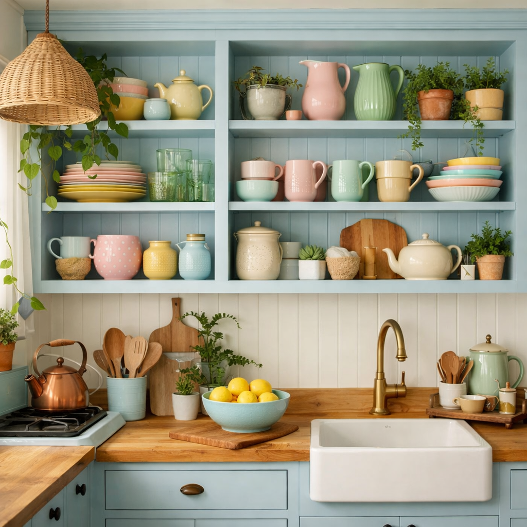 A pastel blue kitchen with open shelving displaying colorful dishes and pots, creating a cheerful and inviting atmosphere.