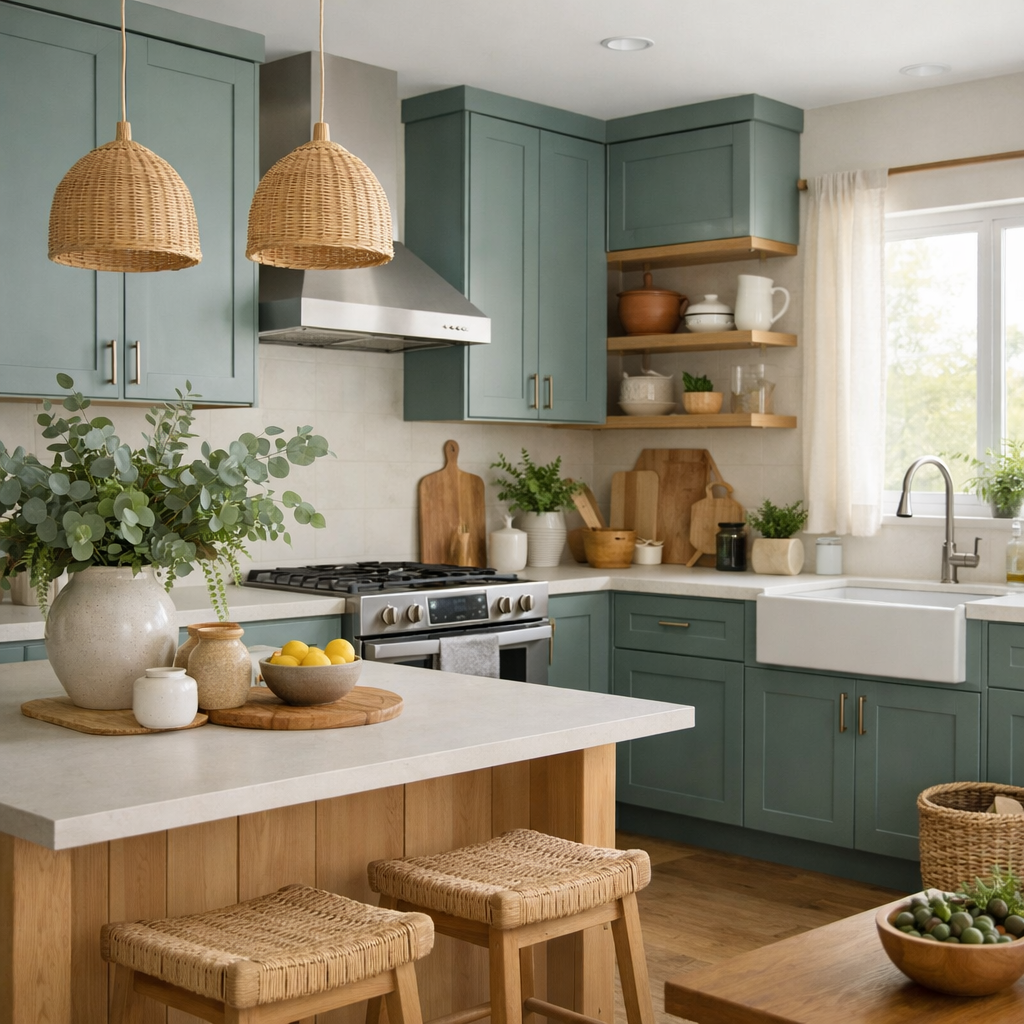 A kitchen with muted teal cabinets, wooden accents, and stylish decor.
