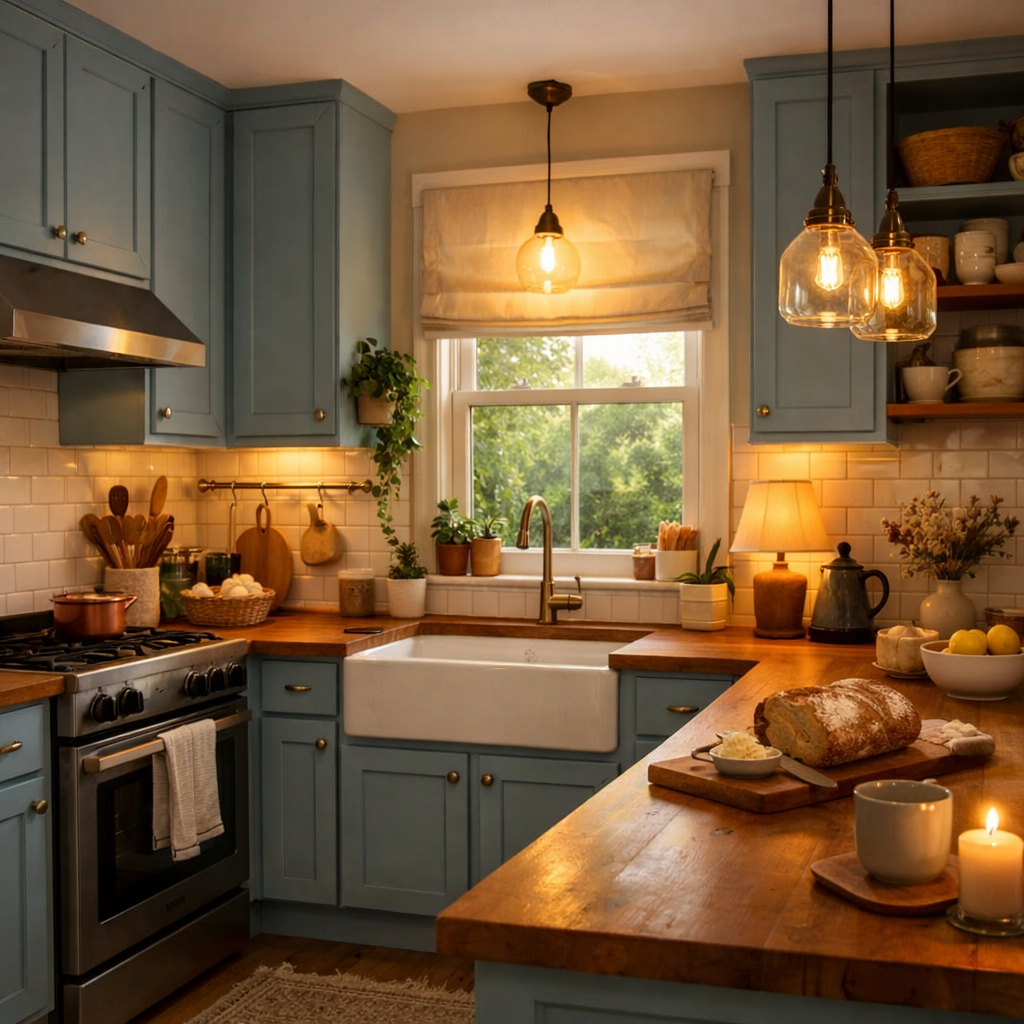 A cozy kitchen featuring soft sky blue cabinets, wooden countertops, and warm lighting.