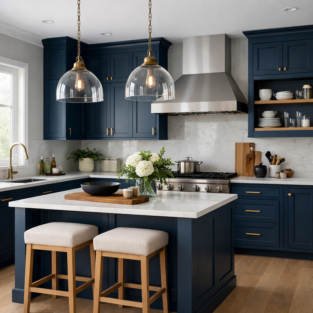A kitchen featuring navy blue cabinets with light gray walls, wooden bar stools, and brass lighting fixtures.