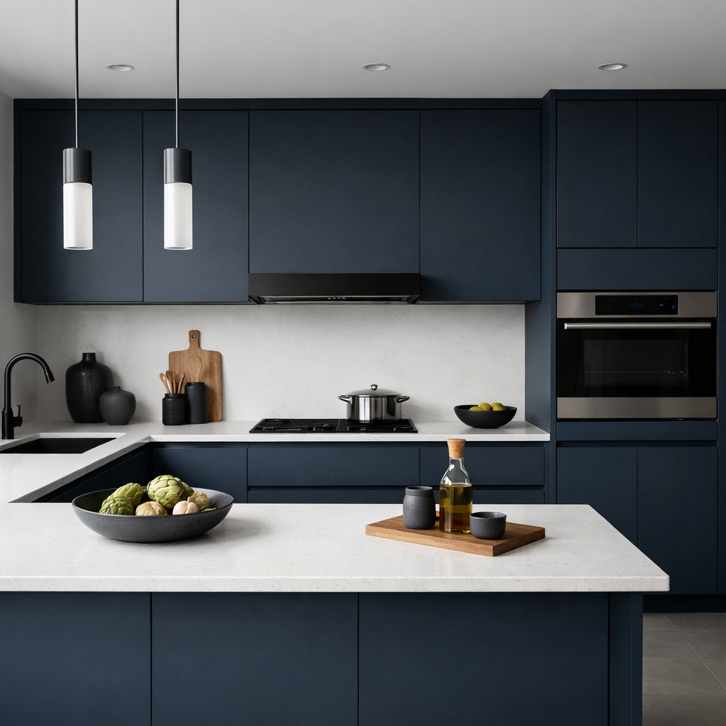 A modern kitchen featuring matte navy blue cabinets and a light countertop.