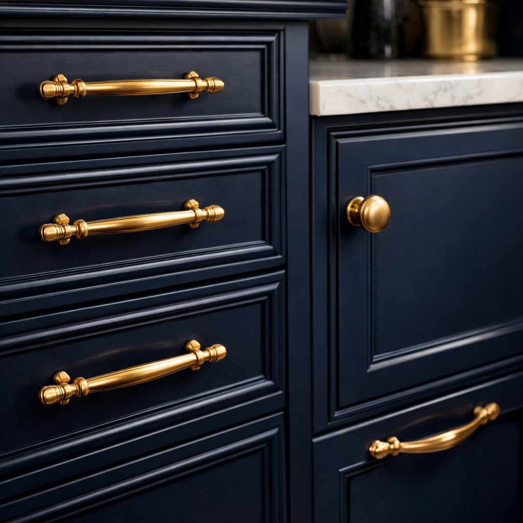 Navy blue kitchen cabinets with gold hardware