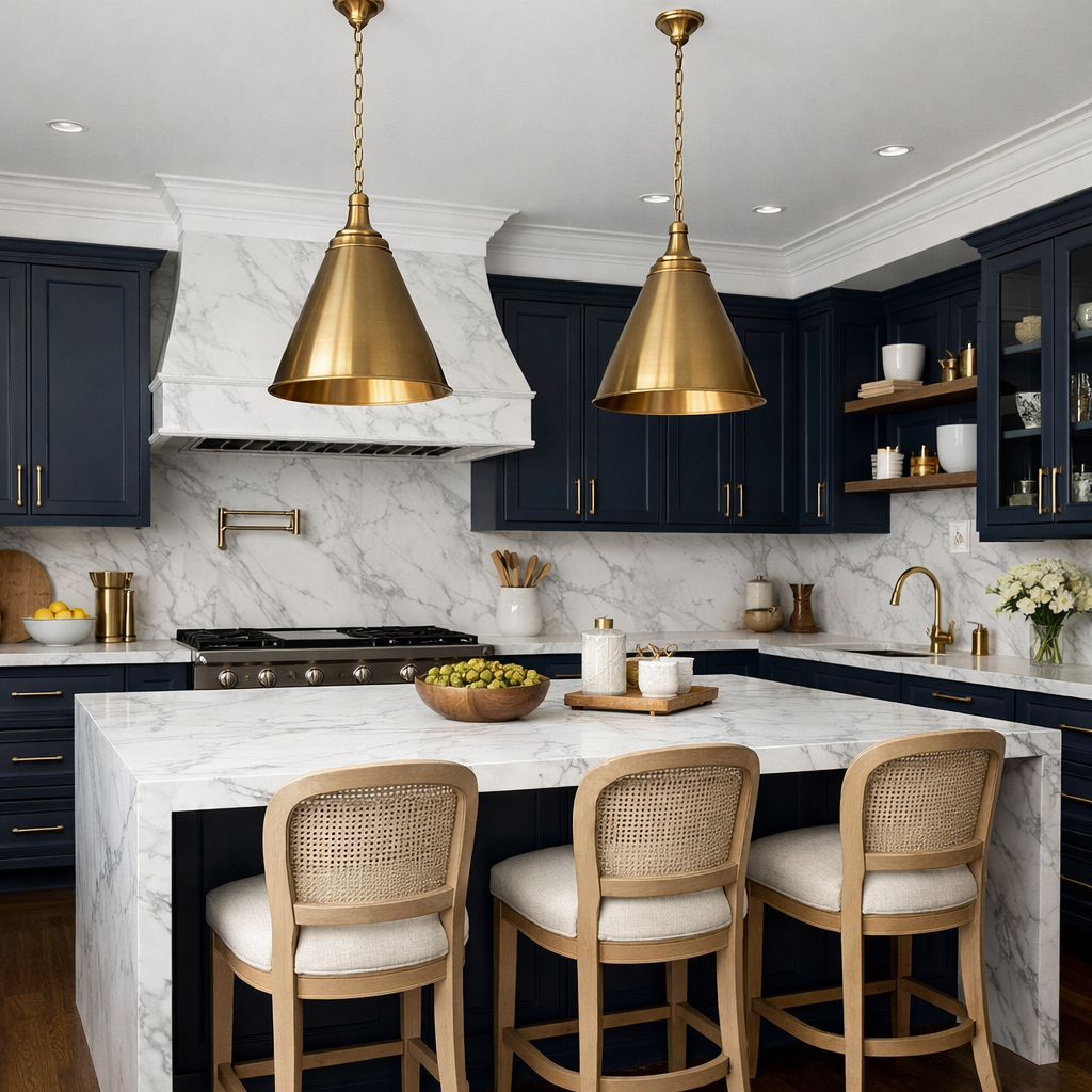 A modern kitchen featuring navy blue cabinets and marble countertops.