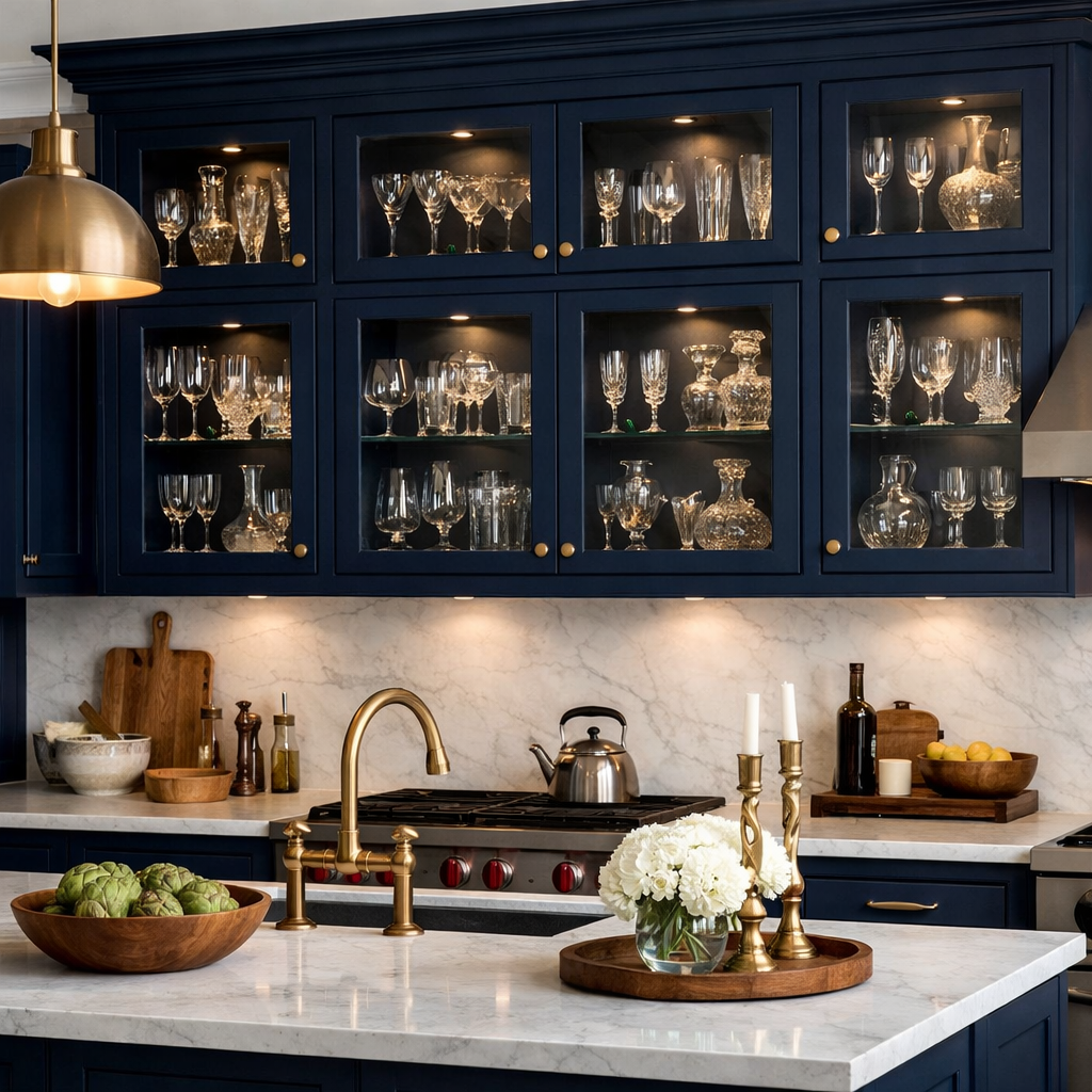 Navy blue kitchen cabinets with glass inserts showcasing glassware, complemented by warm wood accents and ambient lighting.