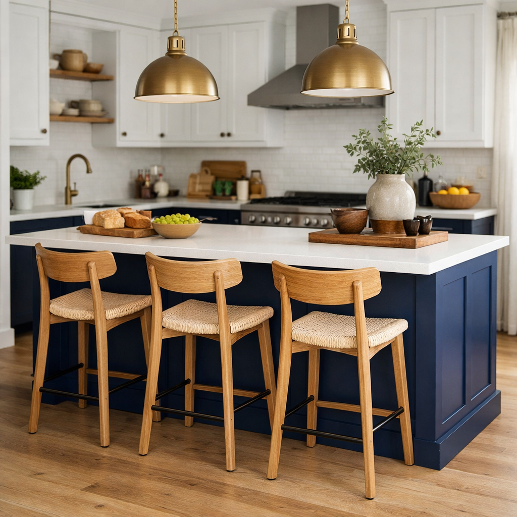 A stylish navy blue kitchen island with wooden stools and decorative touches, creating a warm and inviting kitchen space.