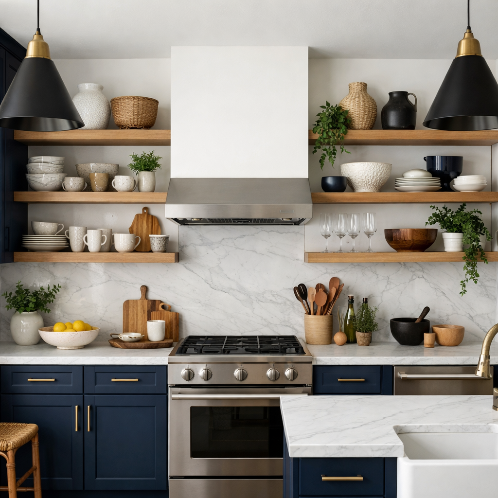 A modern kitchen with navy blue cabinets and open wooden shelves showcasing dishes and decor.