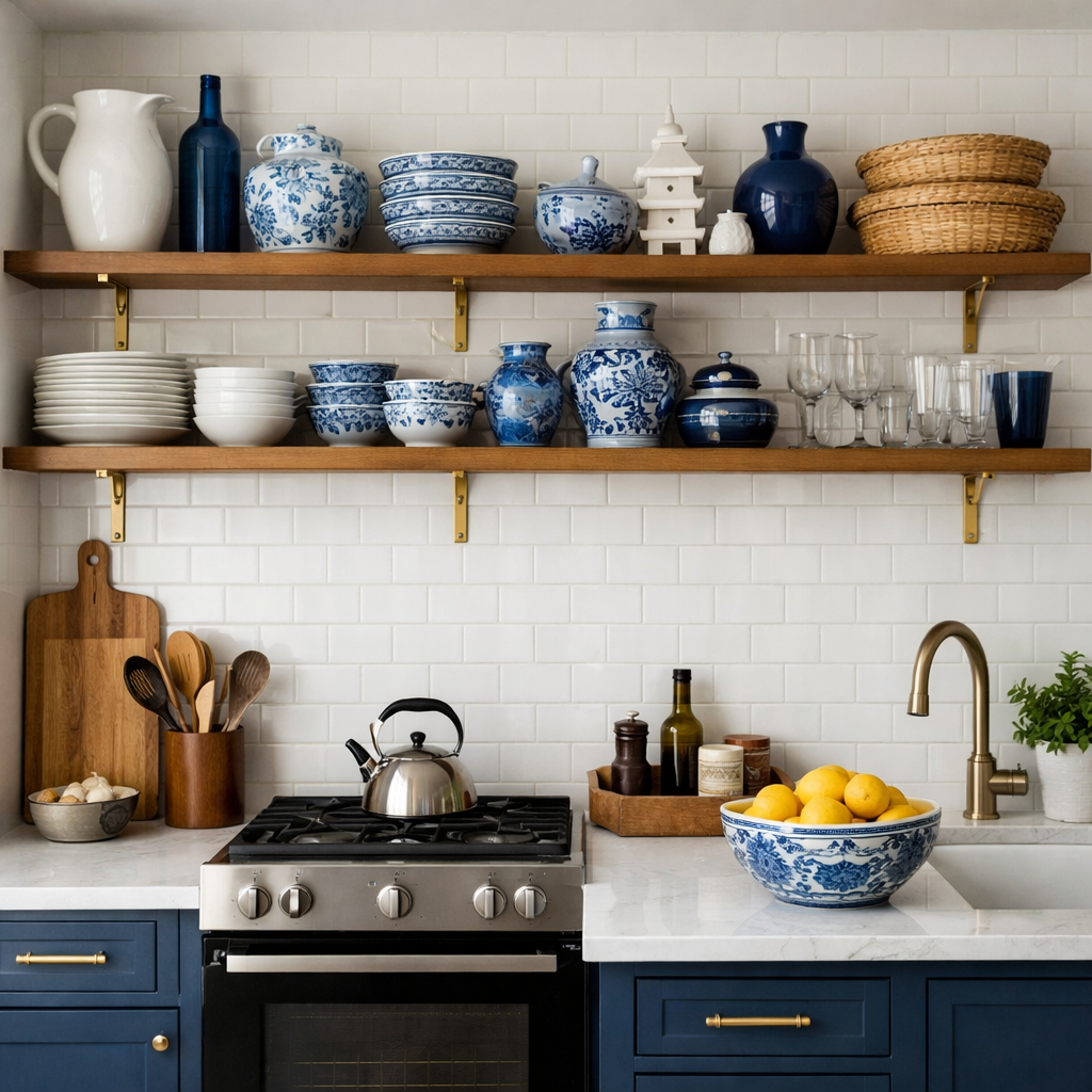 Blue and white open shelving display in a kitchen, showcasing various dishes and decor.