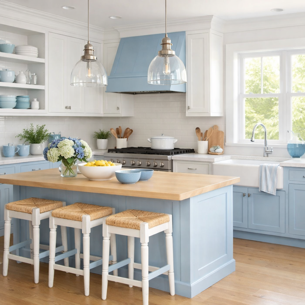 A bright and airy blue and white kitchen with wooden island and stylish decor.