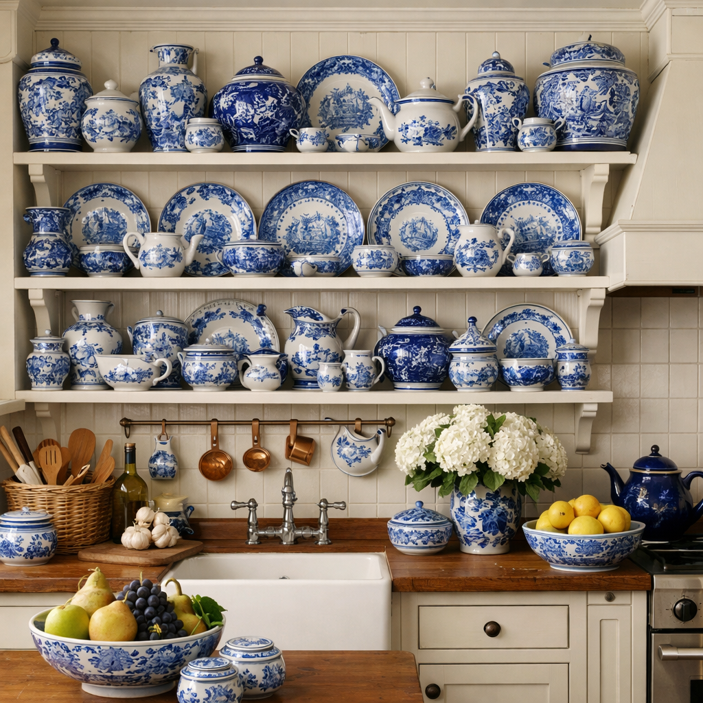 A dazzling collection of blue and white porcelain dishes displayed on kitchen shelves, coupled with a beautiful fruit bowl and fresh flowers on a wooden countertop.
