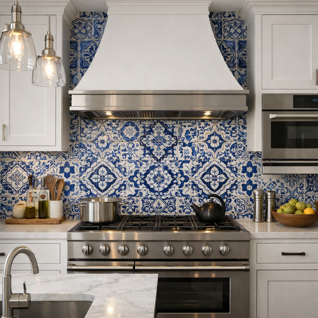 Kitchen with blue and white tile backsplash, white cabinets, and stainless steel appliances
