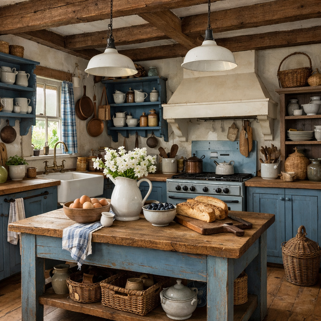 A rustic blue and white kitchen featuring wooden beams, a farmhouse table with bread, eggs, and flowers, and colorful shelves.