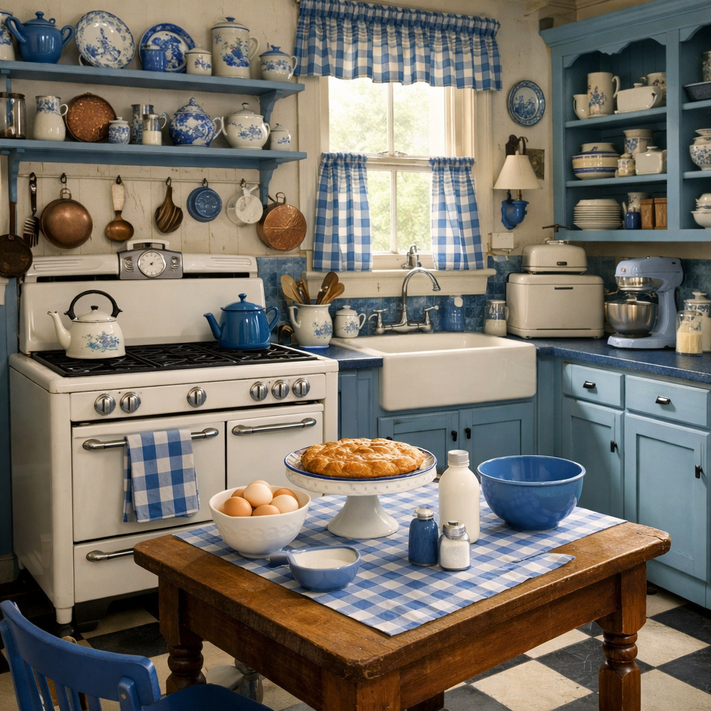 A vintage blue and white kitchen with charming decor, featuring blue cabinetry, checkered curtains, and a cozy dining table.