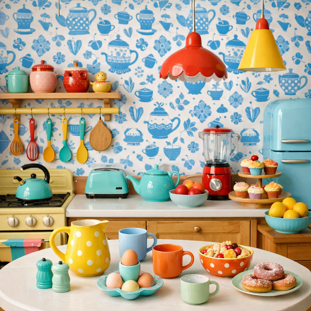Colorful kitchen with blue and white patterned wallpaper, showcasing cheerful decor and accessories.