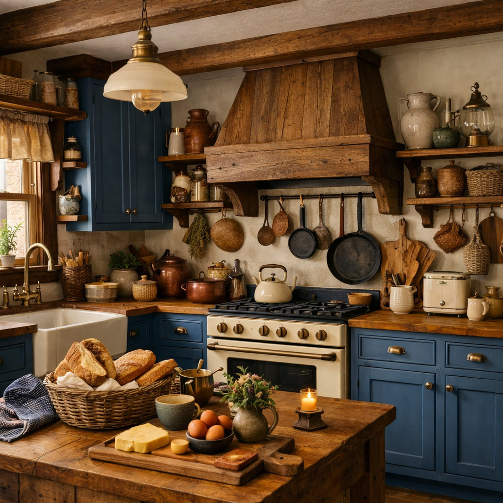 A cozy kitchen with blue shaker cabinets, rustic wooden accents, and a warm ambiance.