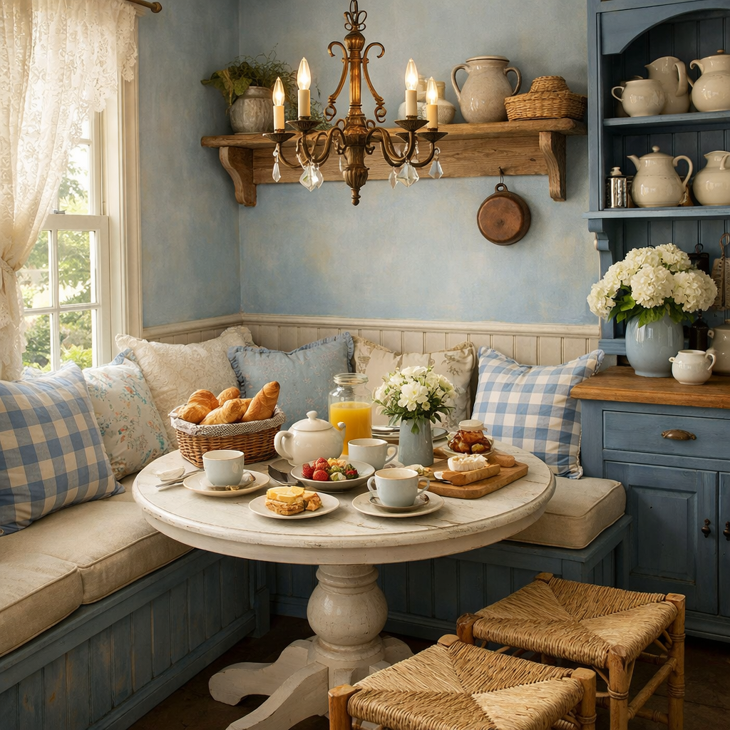 A cozy breakfast nook featuring blue walls, a round table with pastries, fresh flowers, and soft cushions.