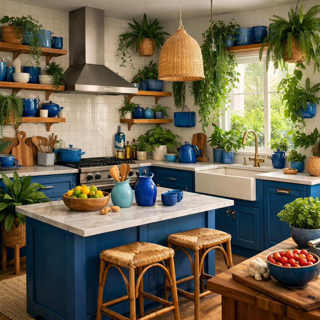 Blue French country kitchen with greenery and blue decor