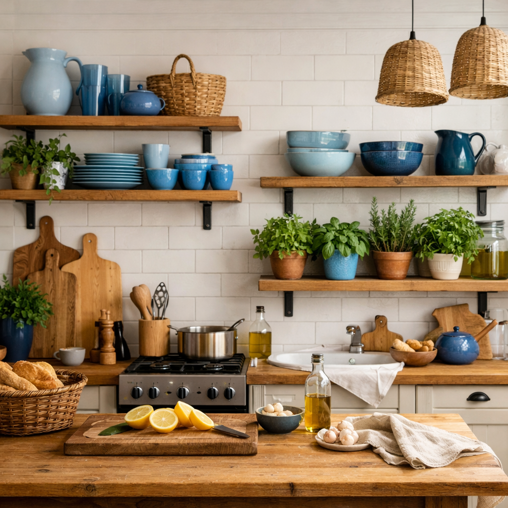 A charming blue French country kitchen featuring open shelving with blue dishware, wooden accents, and fresh herbs.