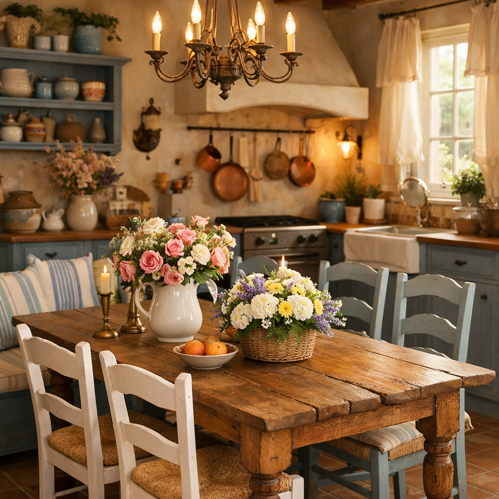 Rustic farmhouse dining area with wooden table, flowers, and a cozy kitchen backdrop