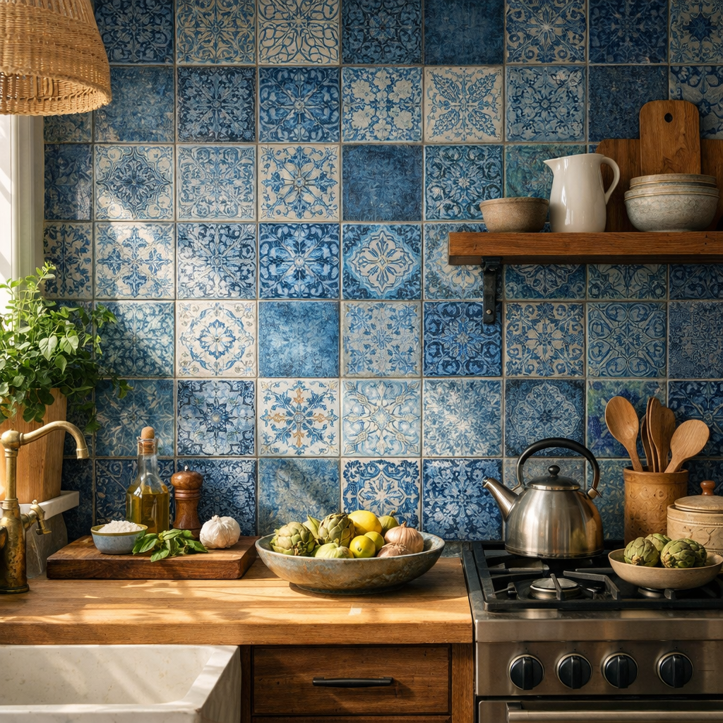 A kitchen featuring a textured blue tile backsplash with various shades, a wooden countertop, and fresh vegetables on display.