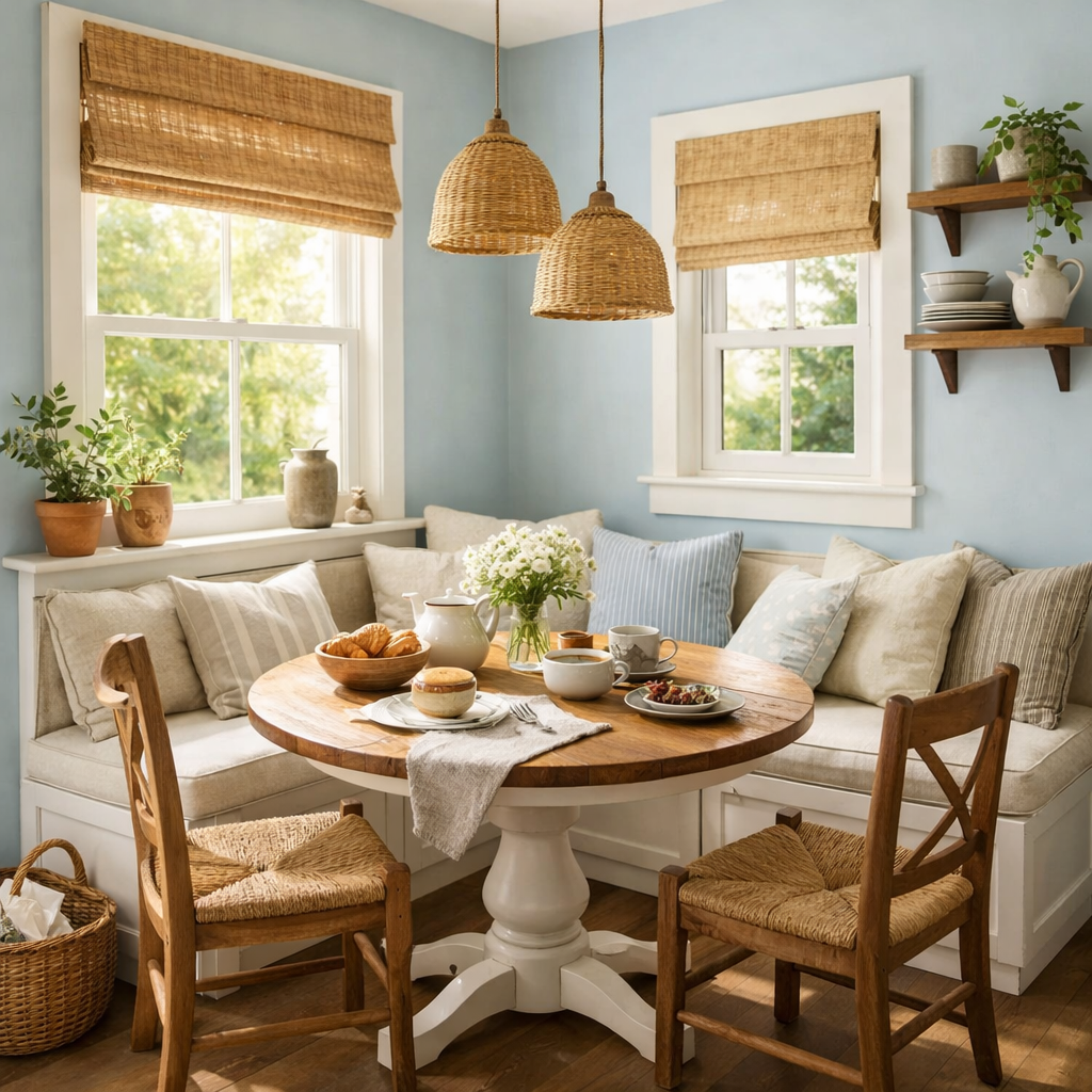 Bright light blue dining nook featuring a round wooden table with pastries, comfortable cushions, and natural light from windows.