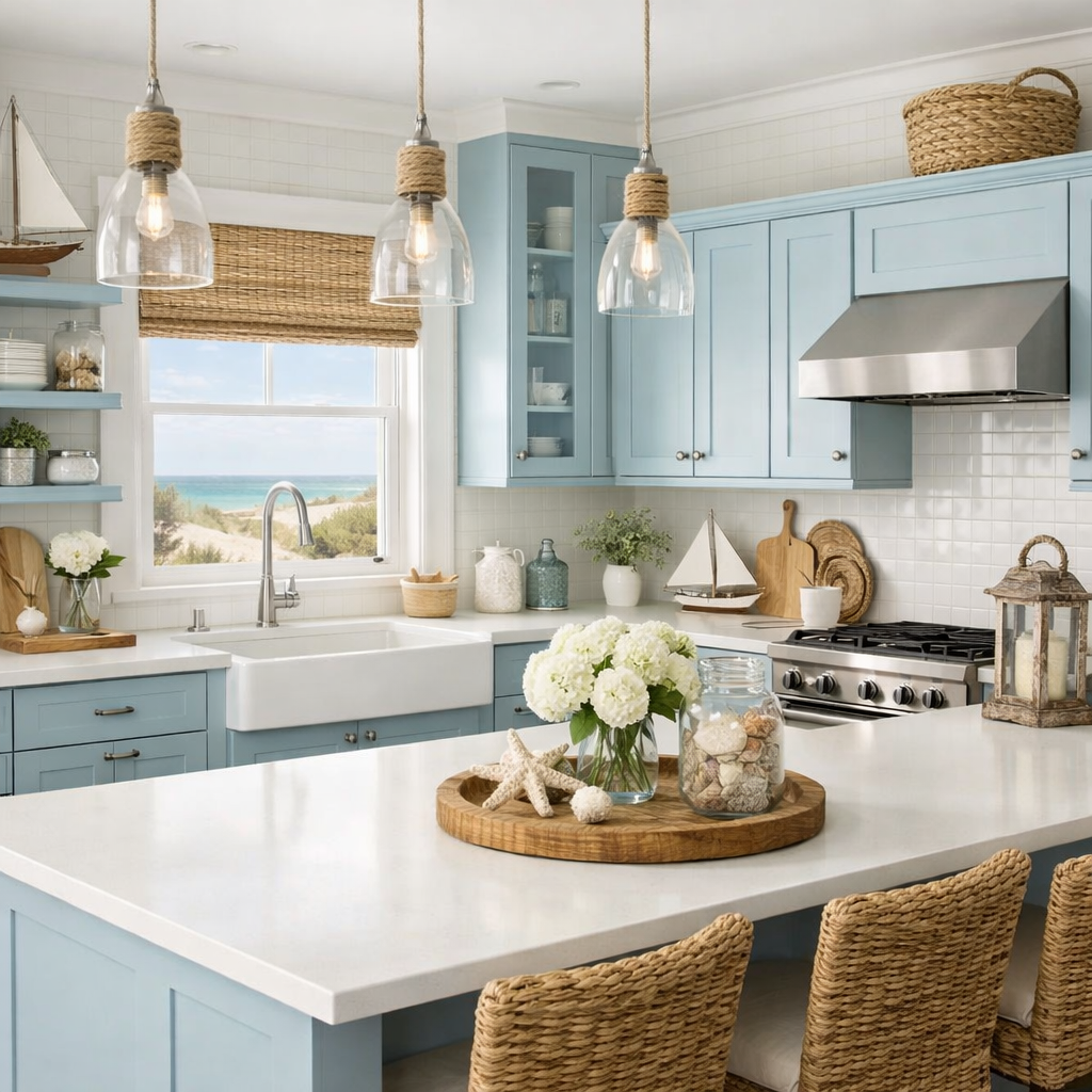 A coastal-inspired kitchen with light blue cabinets, white countertops, and natural decor.
