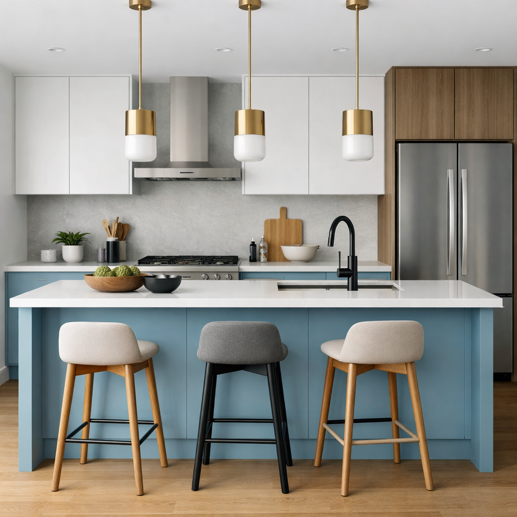 A contemporary kitchen with a light blue island and stylish stools
